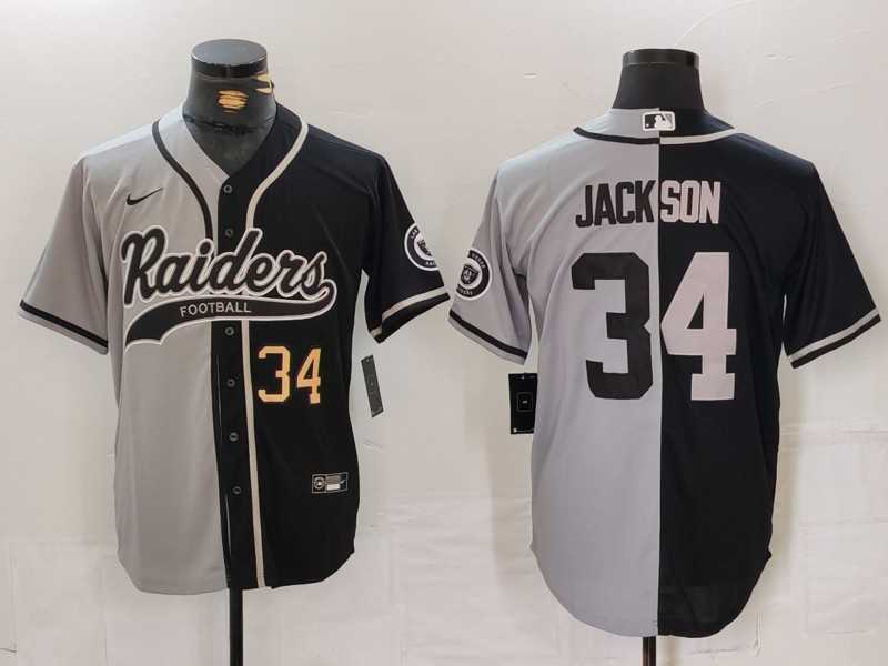 Mens Las Vegas Raiders #34 Bo Jackson Number Grey Black Split Cool Base Stitched Baseball Jersey->las vegas raiders->NFL Jersey